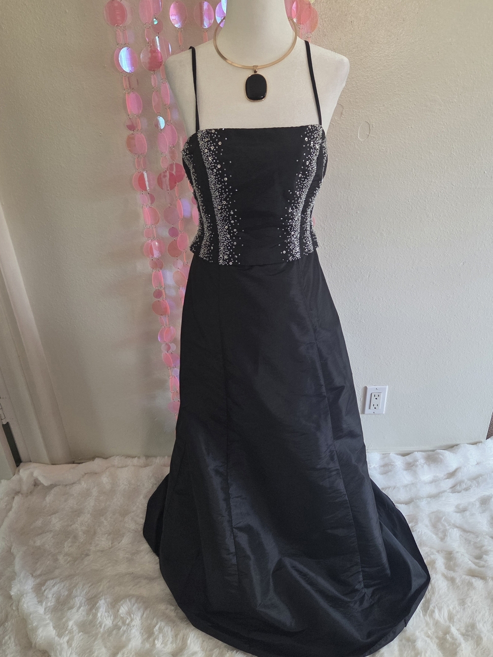 Vintage Jump Apparel Co. By Wendye Chaitin Black Beaded Spaghetti-Strap Gown